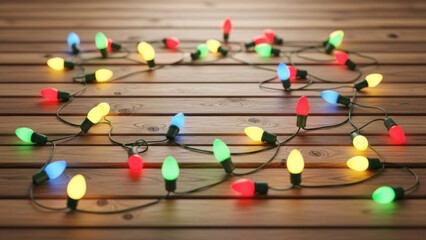 Festive multicolored holiday lights illuminate a rustic wooden surface creating a warm and