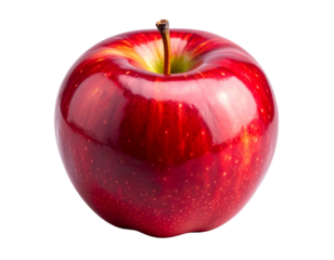 A single ripe red apple viewed straight on, smooth glossy skin with subtle highlights, small stem visible, natural curvature and color gradient, isolated cleanly on a transparent PNG background.