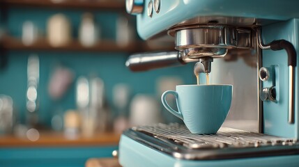 Aesthetic Coffee Preparation in a Modern Kitchen Featuring a Light Blue Espresso Machine and a Stylish Coffee Cup with Cream Pouring in the Background