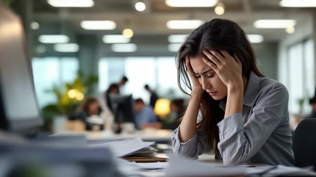 Professional woman juggling reports in bustling openplan office