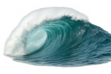 Powerful ocean wave breaking, curling aqua blue water and white foam creating a barrel, transparent background