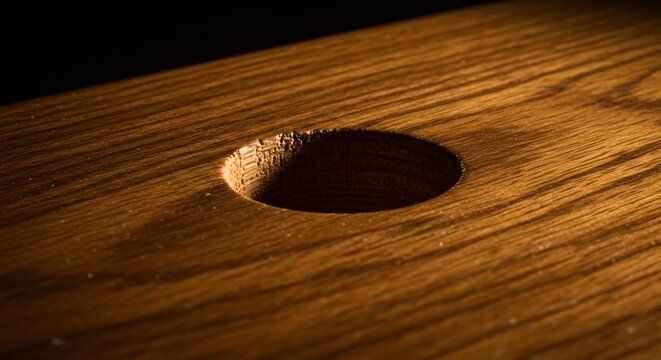 Drilled Hole in Dark Wood Surface &ndash; Carpentry, Joinery, DIY Project Detail Close Up