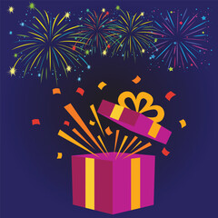 Colorful Fireworks Explosion from Gift Box, Celebration Background Vector Illustration