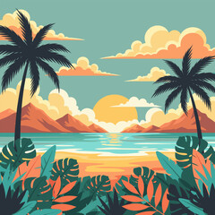 Beautiful tropical sunset over the ocean with palm trees, a vector illustration concept of a paradise island landscape for travel posters