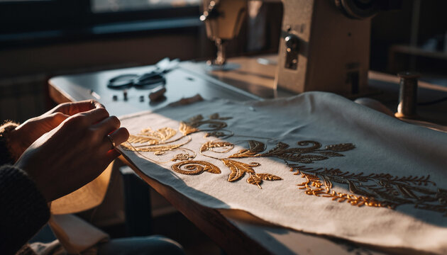Closeup of hands embroidering intricate gold floral designs on soft fabric near a vintage sewing machine. Captures artistry, craftsmanship, and textile detail.