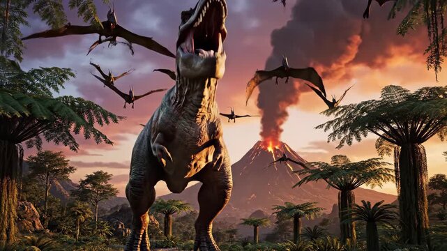 Roaring T-Rex surrounded by pterodactyls with volcano backdrop