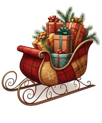 Festive christmas sleigh overflowing with beautifully wrapped gift boxes and evergreen branches, evoking holiday spirit and seasonal joy. isolated on transparent background