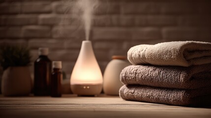 Cozy Spa Environment with Essential Oil Diffuser, Soft Towels, and Natural Decor for Relaxation and Wellness Experience in a Serene Setting