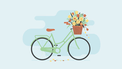 Fototapeta premium A light green bicycle with a wicker basket full of colorful spring flowers.