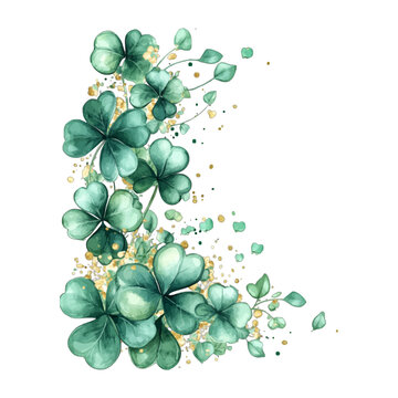 Watercolor four-leaf clovers corner border, lucky shamrock, vector

