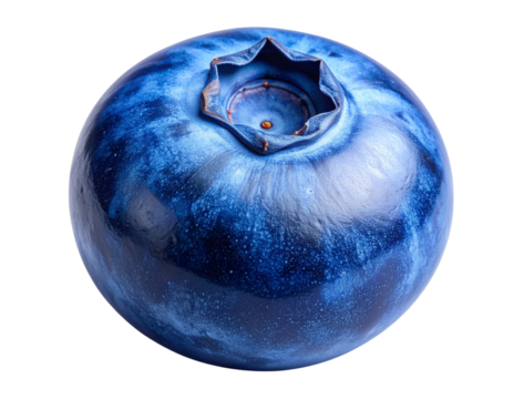  A single ripe blueberry captured in close-up detail, smooth deep blue skin with lightoom texture, calyx star pattern visible on top, clean sharp edges, isolated on a transparent PNG background. - Powered by Adobe
