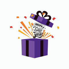 Purple Gift Box Explosion with "Happy New Year" text, Vector Illustration