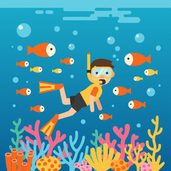 Flat Scuba Diving Underwater Illustration