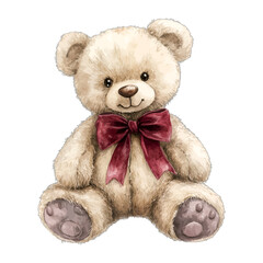Watercolor white teddy bear with red bow, vector illustration
