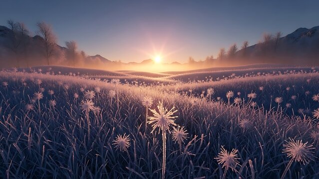 Sunrise over a frosty meadow, casting a golden glow on the landscape with silhouetted trees and mountains in the distance - Powered by Adobe