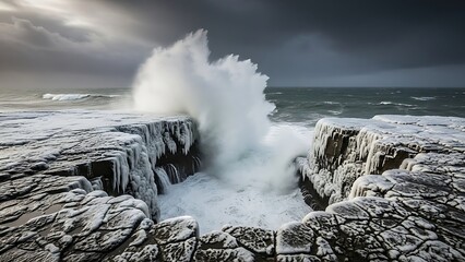 Dramatic ocean waves crash against rugged, icy cliffs under a stormy sky, capturing the raw power of nature's forces