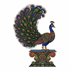 Majestic peacock displaying vibrant fanned tail feathers atop ornate decorative pedestal, symbolizing beauty and grace
