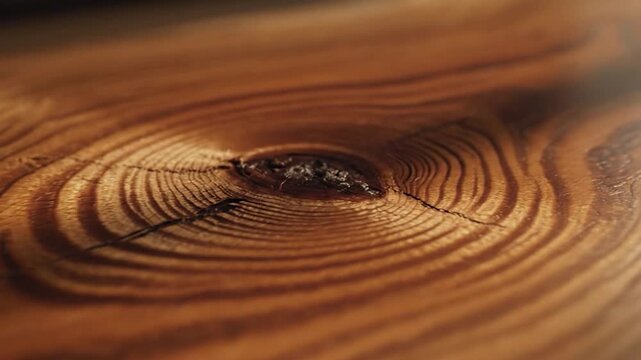 Close up macro shot of a rich brown wood grain with a prominent knot and natural texture