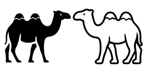 Two camels with humps in safari wildlife style illustration symbolizing desert travel and endurance. © densup365