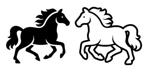 Two horses running side by side in bold simple line style illustration representing speed, freedom, and strength.