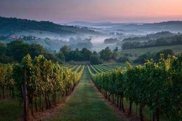 Naklejka premium Rows of grapevines lead to hills covered in fog in the Tuscan countryside. Use this for travel, winemaking, or landscapes.