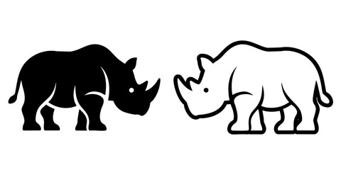 Two rhinoceroses standing side by side in simple bold line style wildlife illustration for safari and conservation themes.