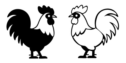Two roosters standing proudly face to face, farm animal illustration in bold simple outline style.