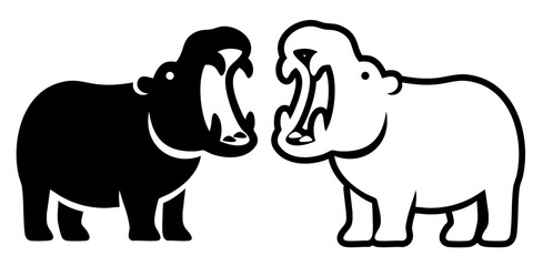 Two hippos roaring face to face, bold wildlife illustration representing strength, power, and natural behavior.