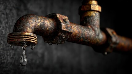 Rusty, old metal faucet with dripping water against dark textured background. Perfect for illustrating waste, decay, plumbing issues, or industrial themes.