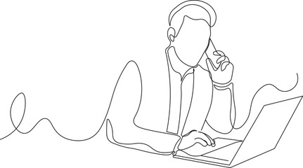 Continuous Line Illustration of Man Working with Laptop While Making Phone Call. Modern Minimalist Style