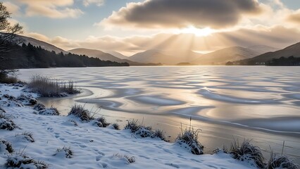 Winter Sunlight over Derwentwater Icy Patterns and Mountains