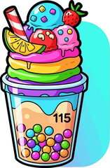 Colorful Bubble Tea with Ice Cream and Toppings Illustration.