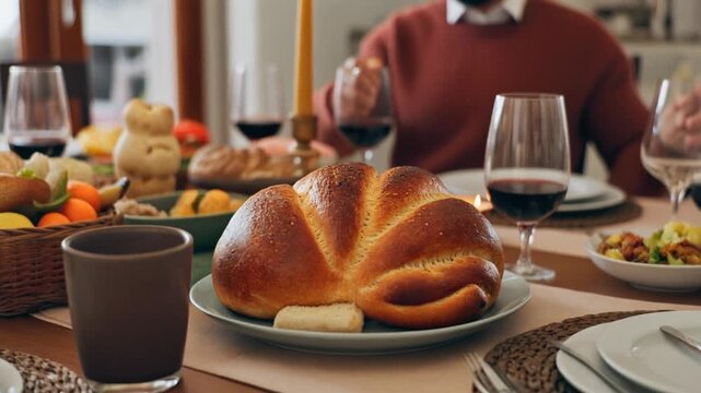 A man enjoying a festive meal with bread and wine in a cozy dining setting