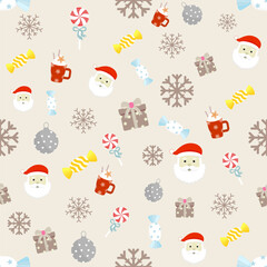 Cute Christmas seamless pattern with Santa Claus, snowflakes, hot cocoa, and festive candies on a pale background. Cozy winter holiday vector illustration.
