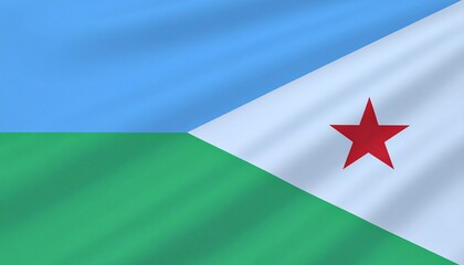 Djibouti flag with blue and green bands, white triangle, and red star on hoist side.