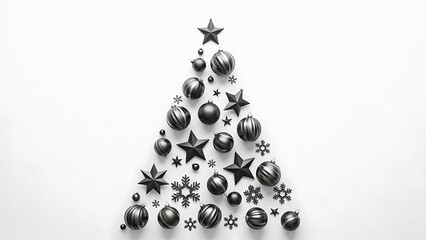 Elegant Christmas tree arrangement of ornaments and stars on white background, perfect for holiday greetings and festive designs, simple and stylish