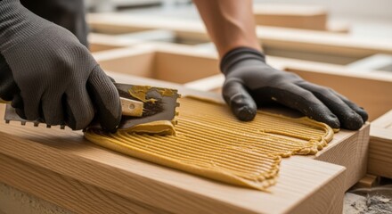 Gloved hands spreading wood adhesive evenly over oak stair tread before installation on staircase.