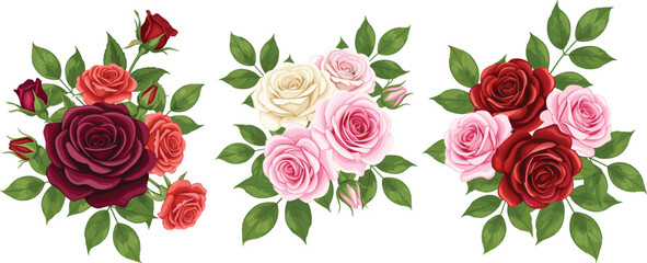 Elegant vector illustration of rose flower bouquets in various colors with lush green leaves, perfect for wedding, romantic, and decorative designs.