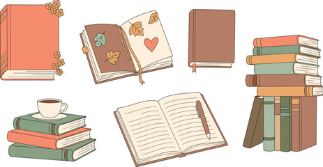 Aesthetic pastel vector illustration of books, open pages, journal, stacked novels, and cozy reading elements for creative design projects.