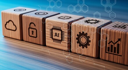 Wooden blocks with technology icons representing key business concepts like AI, cloud computing, security, and data analytics.