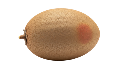 Brown, oval fruit, textured skin with small stem, slight reddish blemish