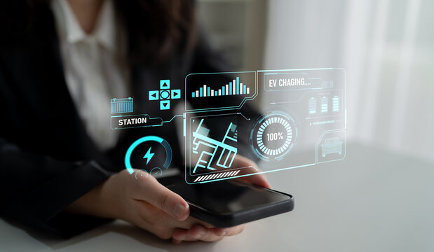 Charging interface for electric vehicles showing real-time battery level, charging status, power output, station location, and navigation for efficient energy management Latch