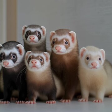 Five ferrets observing the camera in a clean studio environment