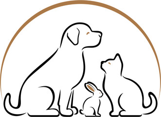 Stylized head Dog rabbit and Cat Illustration with Markings and Brown Outline