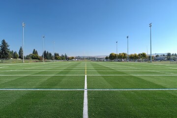 View of a football field on a bright, sunny day. Use for sports illustrations, youth activities, and school projects.