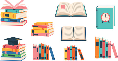 PrintColorful vector collection of stacked and open books with educational elements, perfect for school, learning, library, and academic design projects.