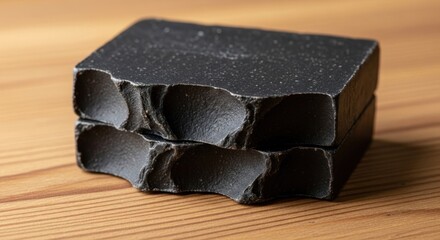 Two dark, roughly hewn bars of soap sit atop one another on a wooden surface