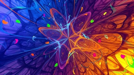 Colorful abstract fractal design with starburst pattern and vibrant hues of blue and orange tones