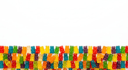 Colorful gummy bears border on white background with large copy space