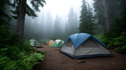 Several tents are pitched in a serene misty forest campsite surrounded by tall evergreen trees
